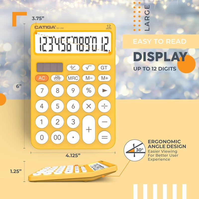 CATIGA 12 Digit Desktop Calculator Basic Desk Calculator with Large LCD Display, Big Buttons, 4 Function, Solar and Battery Dual Power, for Office, School, Home, SD-1292 Yellow - Image 4